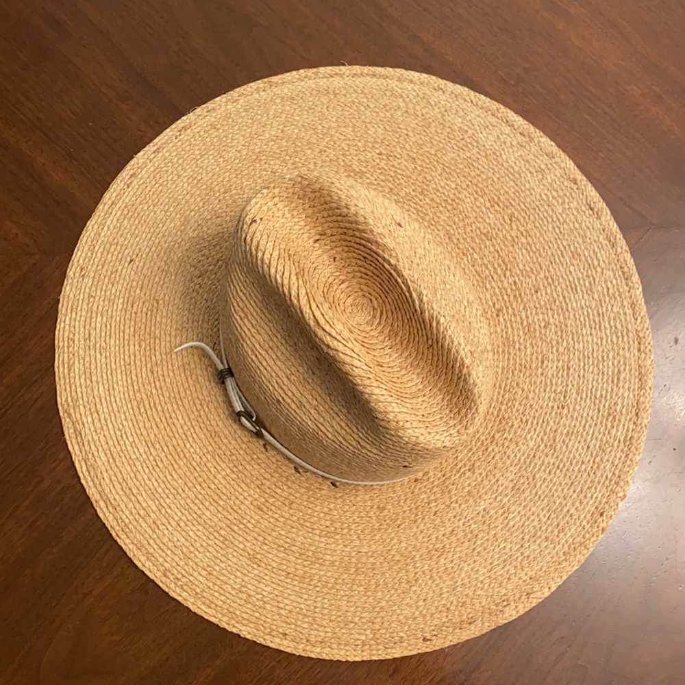 20” rim straw hat with leather buckle by Club Monaco.